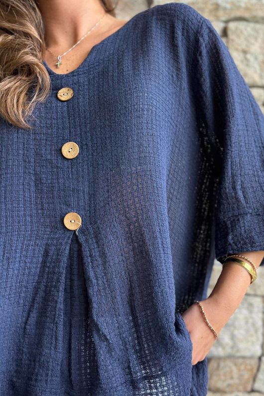 Andi Basket Linen Blend Top Navy
